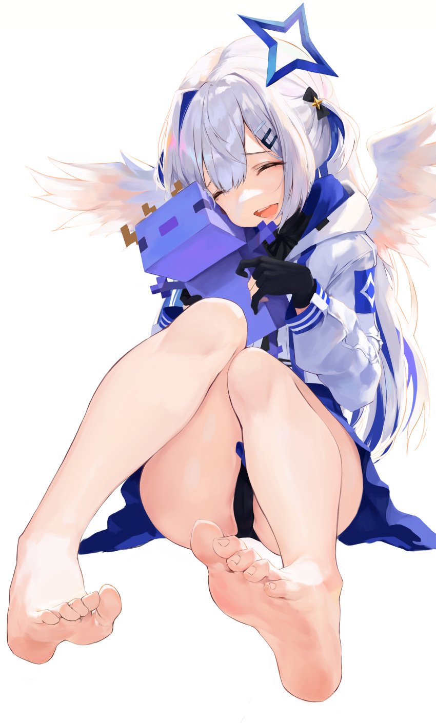 1girls amane_kanata angel_wings axolotl axolotl_(minecraft) bare_legs barefoot feet female foot_fetish hikinito_(leviathan) holoforce hololive hololive_japan jacket light-skinned_female light_skin panties skirt tagme thighs virtual_youtuber white_background