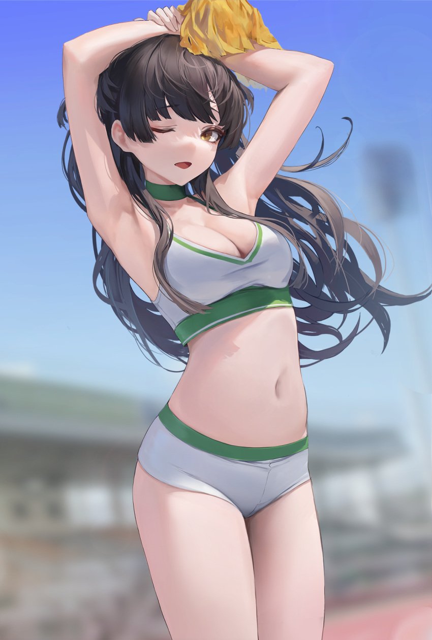 1girls cheerleader choker female female_only hikinito_(leviathan) idolmaster mayuzumi_fuyuko navel open_mouth shorts sports_bra sportswear the_idolm@ster the_idolm@ster_shiny_colors