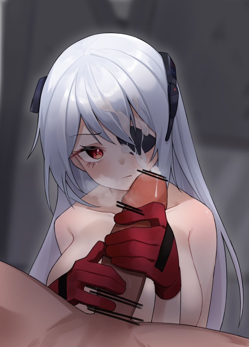 1boy 1girls absurdres bad_id bad_pixiv_id bar_censor bare_shoulders blush breasts censored collarbone cum cum_on_face dark-skinned_male dark_skin ejaculation evelyn_(girls'_frontline_nc) facial female girls'_frontline girls'_frontline_neural_cloud gloved_handjob gloves grey_background grey_hair handjob headgear highres large_breasts light-skinned_female light_skin long_hair looking_at_viewer penis red_eyes red_gloves steam yumin867355251