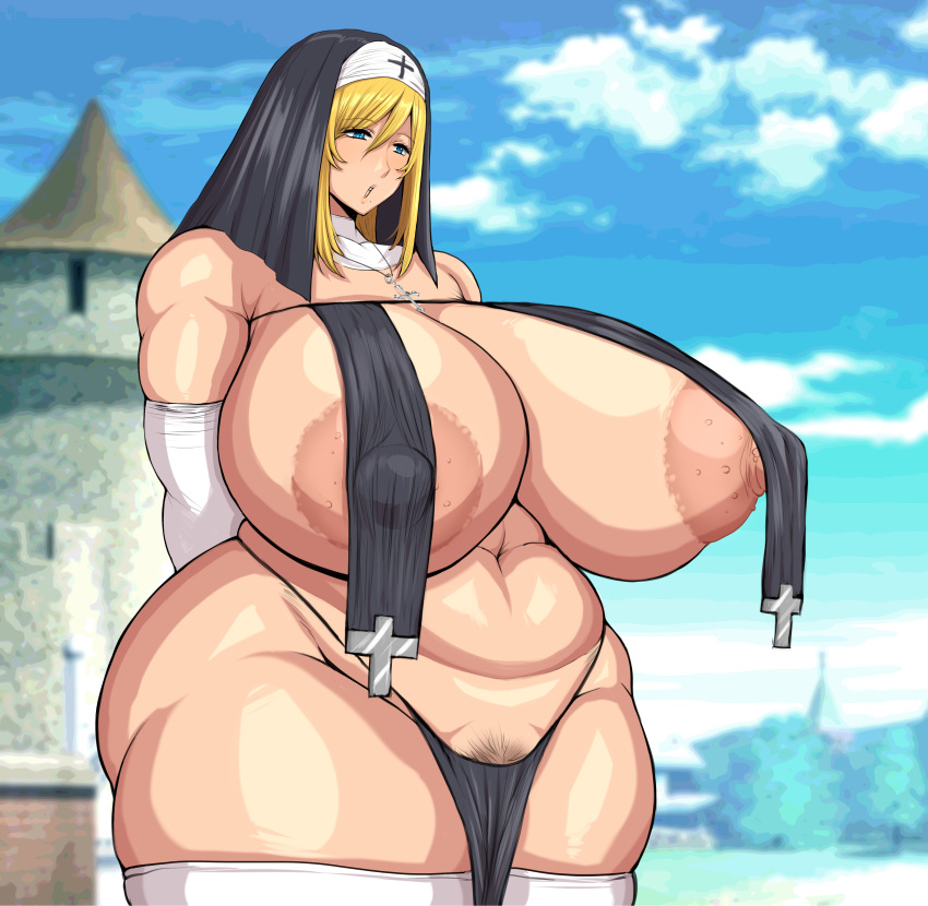 1girls arm_sleeves ass barely_clothed big_breasts blonde_hair blue_eyes breasts busty cross_necklace curvaceous curvy curvy_body curvy_female curvy_figure female gigantic_breasts holy_woman huge_breasts large_breasts mole mole_under_mouth nun original original_character plump plump_ass ponkotsuu shiny_skin thick_thighs thighhighs thighs venus_body voluptuous wide_hips