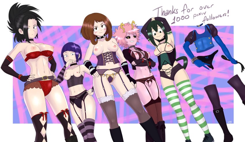 >:) 6girls areolae argyle_legwear armpits arms_above_head arms_on_waist arms_under_breasts arms_up armwear background_text bare_breasts bare_shoulders barely_clothed belt_buckle big_breasts bimbo black_boots black_eyes black_hair black_sclera black_thighhighs black_thong blue_ribbon boots bra bra_down breasts_apart brown_bra brown_eyes brown_hair brown_panties chains cleavage collar collar_chain collarbone corset cross crossed_arms crotchless crotchless_panties cupless_bra dark_purple_hair female_human female_only fingerless_gloves follower_celebration frilled_legwear frog_girl frown garter_belt girl gold green_hair green_ribbons green_thighhighs hagakure_tooru_(invisible) hairless_pussy hand_on_chin heart_cutout hi_res highres horns invisible_girl kyoka_jiro light-skinned_female light_skin light_smile lingerie long_gloves long_hair looking_at_viewer looking_away medium_breasts medium_hair milestone_celebration mina_ashido momo_yaoyorozu multiple_girls my_hero_academia navel nippleless_bra nippleless_clothes nipples no_bra no_gloves nocunoct ochako_uraraka panties peace_sign petite pink_background pink_hair pink_skin ponytail purple_background purple_thighhighs purple_thong pussy red_bra red_panties red_ribbon shaved_pussy shiny_skin short_hair shounen_jump small_breasts smiling_at_viewer standing striped_legwear teenager teeth_showing text thighhighs thighs thin_eyebrows thinking toned_female toned_stomach tooru_hagakure tooru_hagakure_(invisible) toothy_grin tsuyu_asui vagina vulva whip widescreen wristband yellow_eyes yellow_horns yellow_ribbon