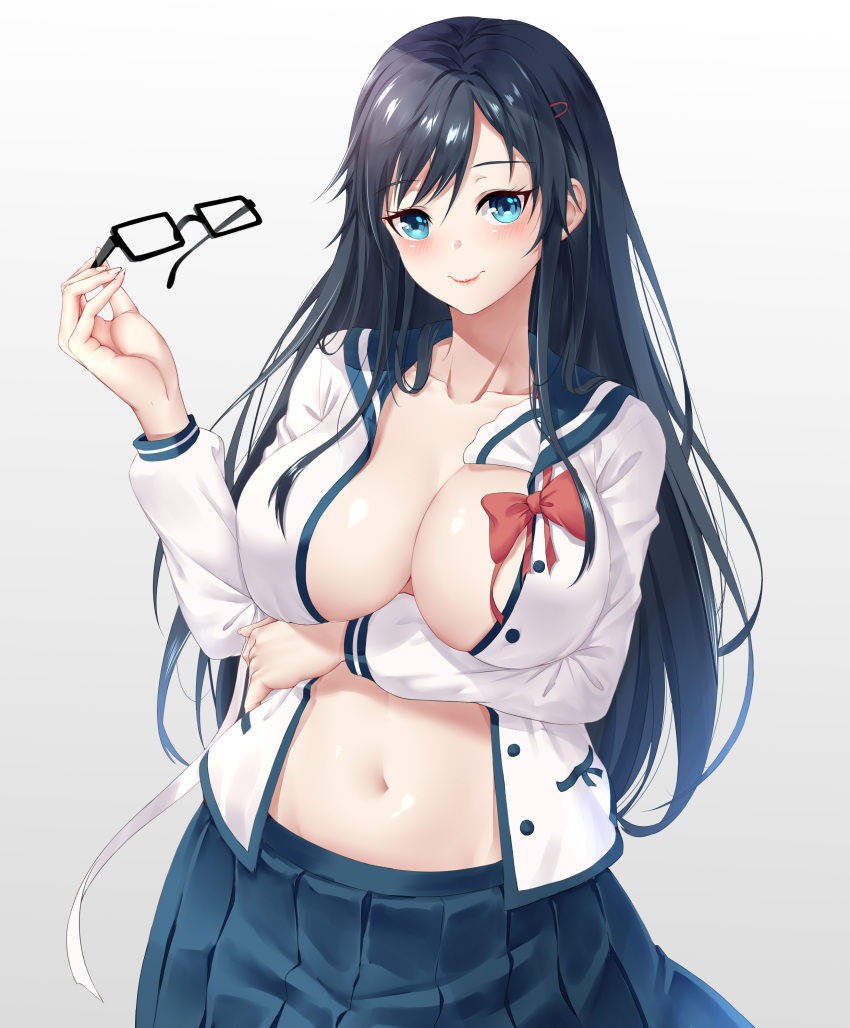 1girls absurdres bangs black_hair black_skirt blush bow breasts chitu_hefeng_zhong cleavage closed_mouth collarbone commentary_request female female_only glasses hair_ornament hairclip highres jacket large_breasts long_hair looking_at_viewer navel ore_wo_suki_nano_wa_omae_dake_ka_yo pansy_(oresuki) red_bow sanshokuin_sumireko skirt smile solo very_long_hair white_jacket