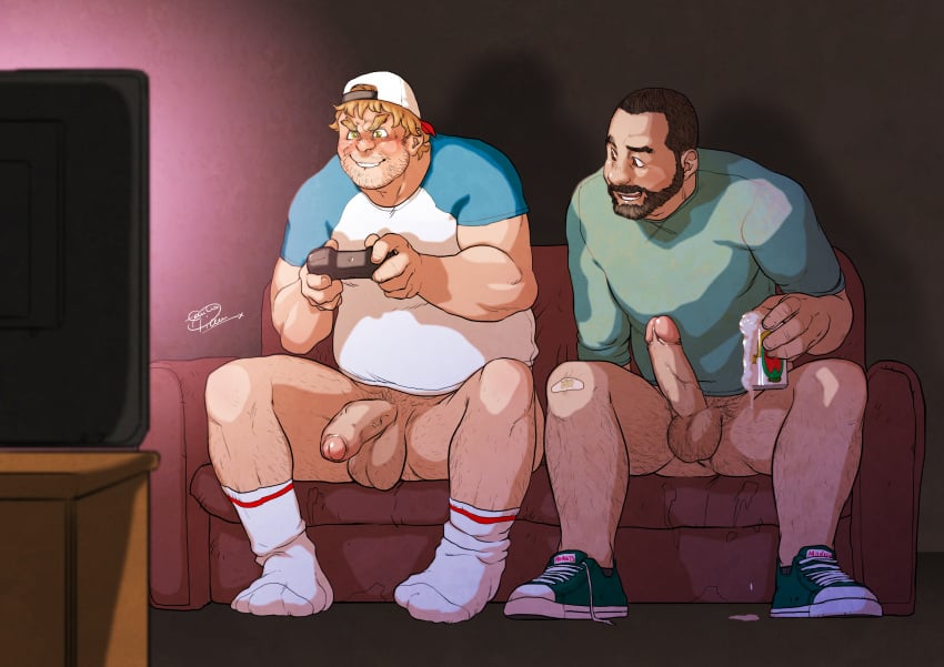 1boy 2boys backwards_baseball_cap backwards_hat bara baseball_cap beard beer black_hair blonde_hair brown_eyes cap casual casual_nudity chubby controller couch dripping erection exemi facial_hair food foreskin friends game game_controller gaming green_eyes hairy hairy_balls hairy_legs hairy_thighs half-dressed half-erect hard_on hat male male/male male_focus male_only male_pubic_hair muscles muscular muscular_male open_mouth partially_clothed party precum pubic_hair shirt shoes smile socks vein veins veiny veiny_penis veiny_testicles video_game