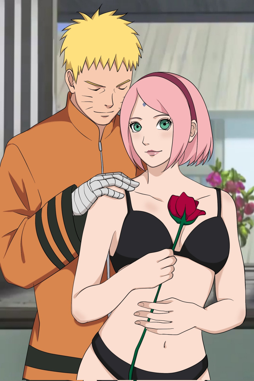 1boy 1girls before_sex black_lingerie blonde_hair blush boruto:_naruto_next_generations bra cheating closed_eyes couple female flower green_eyes human jack_.mery lingerie makeup male male/female naruto panties pink_hair romantic sakura_haruno smile smiling straight uzumaki_naruto