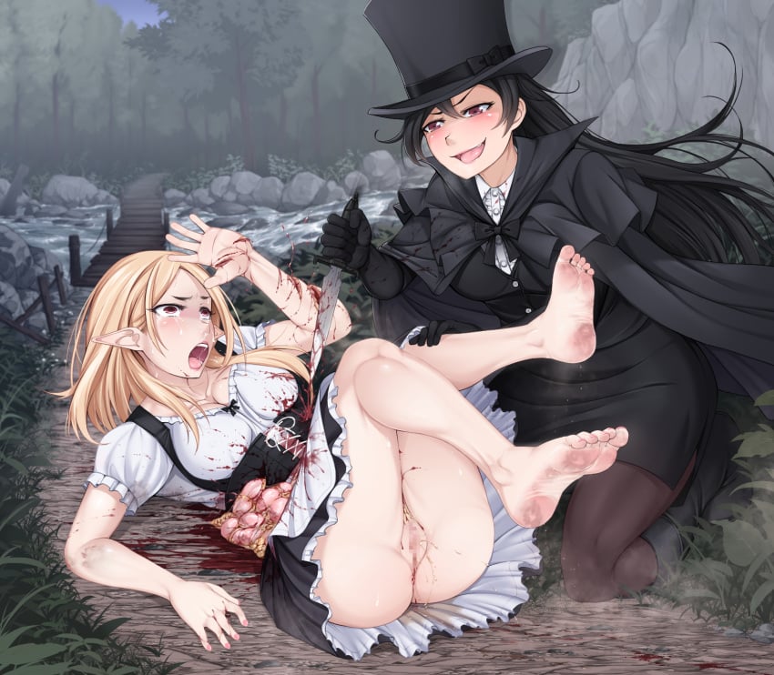 censored disembowelment duo elf erikku_(kata235) female female_only gore guro guts imminent_death intestines jacqueline_the_ripper knife murder organs peeing pointy_ears pussy seria_(erikku) snuff stabbing