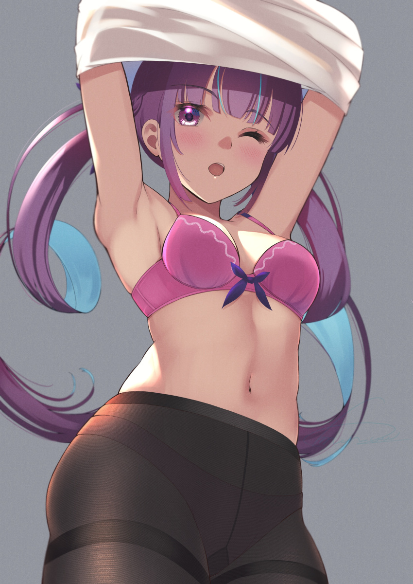 1girls absurdres armpits arms_up bangs belly_button black_panties blush bow bow_bra bra breasts clothes_lift commentary cowboy_shot drill_hair eyebrows_visible_through_hair female grey_background gusset highres hololive hololive_gen_2 hololive_japan lifted_by_self looking_at_viewer medium_breasts melow_menow minato_aqua navel one_eye_closed panties panties_under_pantyhose pantyhose purple_bra purple_eyes purple_hair shaved_armpit shirt_lift simple_background small_breasts solo standing thighband_pantyhose underwear undressing very_long_hair virtual_youtuber young