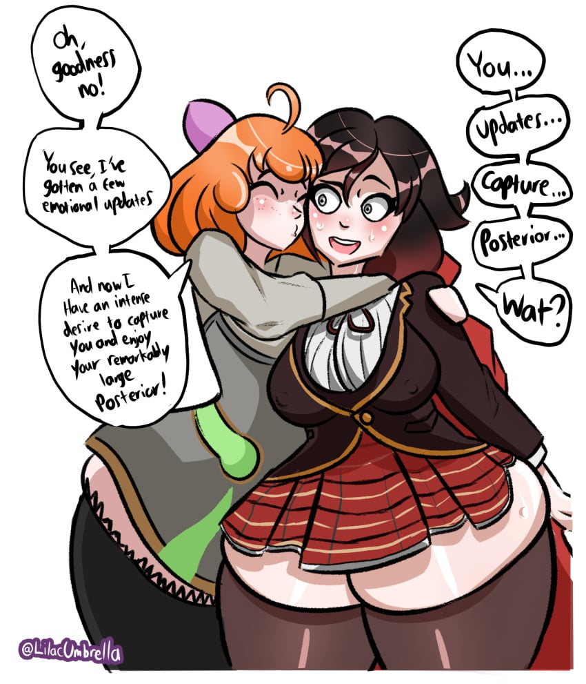 2girls breasts brollyinthewind closed_eyes english_text eyes_closed female female_only funny lilacumbrella_(artist) nipples_visible_through_clothing orange_hair penny_polendina red_highlights robot ruby_rose rwby school_uniform schoolgirl silly silver_eyes speech_bubble sweat_drop text thick_thighs thigh_bulge thighhighs