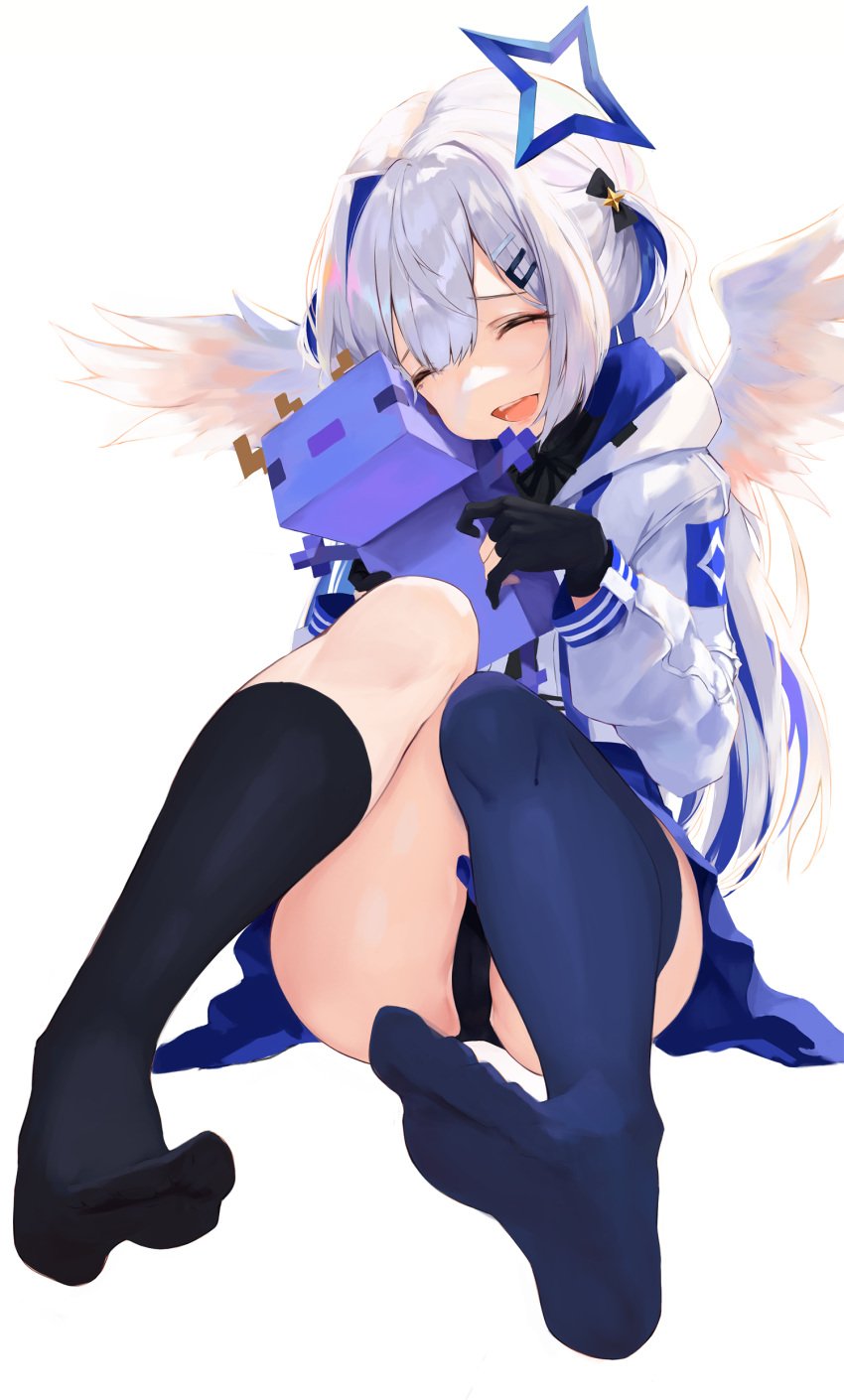 1girls amane_kanata angel_wings axolotl axolotl_(minecraft) bare_legs feet female hikinito_(leviathan) holoforce hololive hololive_japan jacket kneesocks light-skinned_female light_skin mismatched_legwear one_thighhigh panties skirt tagme thighhighs thighs virtual_youtuber white_background