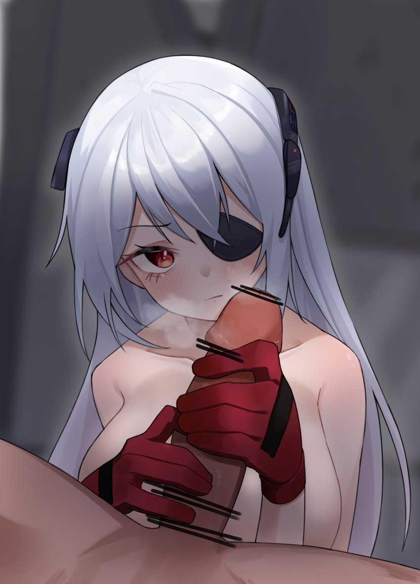 1boy 1girls absurdres bad_id bad_pixiv_id bar_censor bare_shoulders blush breasts censored collarbone dark-skinned_male dark_skin evelyn_(girls'_frontline_nc) female girls'_frontline girls'_frontline_neural_cloud gloved_handjob gloves grey_background grey_hair handjob headgear highres large_breasts light-skinned_female light_skin long_hair looking_at_viewer penis red_eyes red_gloves steam yumin867355251