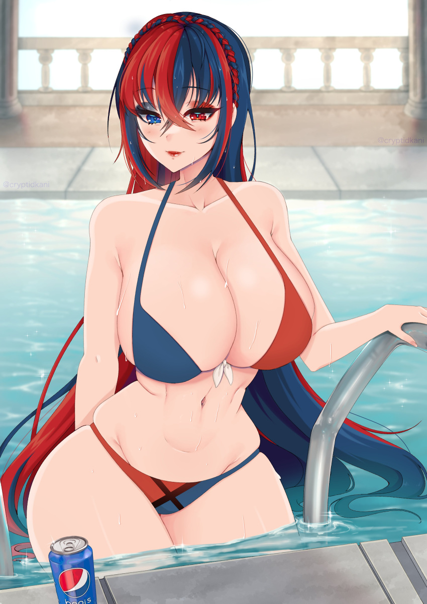 1girls absurdres alear_(female)_(fire_emblem) alear_(fire_emblem) alternate_breast_size alternate_costume alternate_version_available bangs bikini blue_bikini blue_eyes blue_hair blue_swimsuit braid breasts cleavage crossed_bangs crown_braid cryptid_crab eyeshadow female fire_emblem fire_emblem_engage heterochromia highres huge_breasts indoors light-skinned_female light_skin long_hair multicolored_hair naughty_face navel nintendo pepsi pool red_bikini red_eyes red_hair red_swimsuit skindentation smile solo split-color_hair swimsuit thick_thighs thighs two-tone_hair two_tone_hair very_long_hair water wet wide_hips