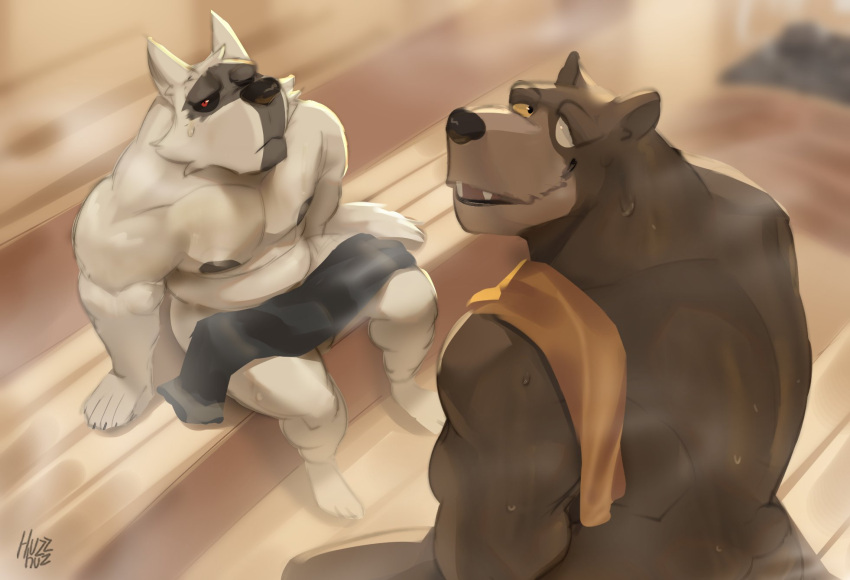 2023 anthro anus barely_visible_bulge barely_visible_genitalia bear bench blind_eye bodily_fluids brown_body bulge canid canine canis death_(puss_in_boots) detailed_background digital_media_(artwork) dreamworks duo genitals grey_body hi_res huzzhuz inside looking_at_viewer looking_up male male_only mammal mature_male musclegut muscular_arms nipples nude nude_male papa_bear papa_bear_(puss_in_boots) puss_in_boots_(dreamworks) puss_in_boots_the_last_wish red_eyes sauna sitting slightly_chubby steam sweat tail towel wolf