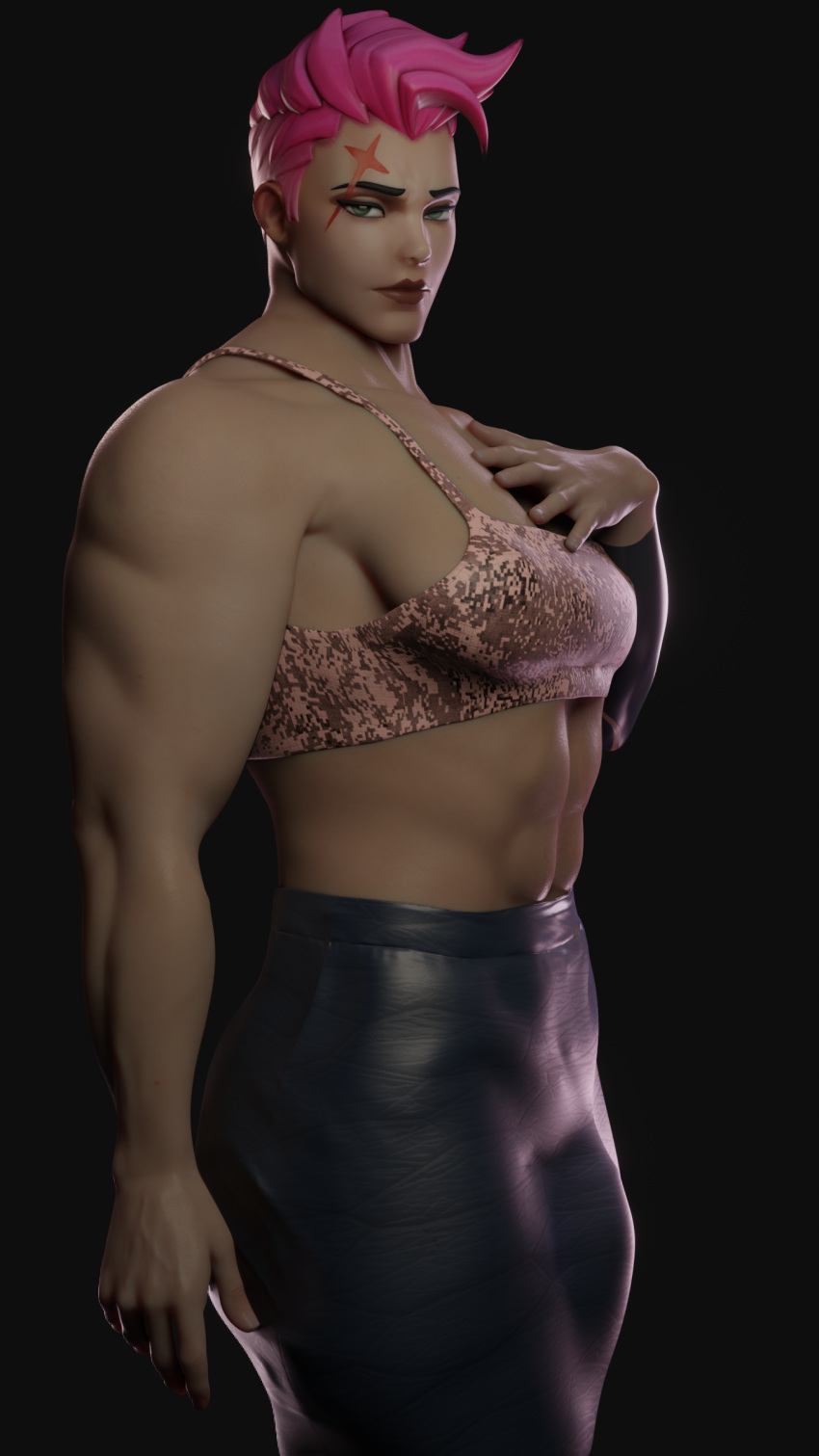 1futa 3d abs breasts bulge clothed clothing erection erection_under_clothes fully_clothed futa_only futanari human loligagger looking_at_viewer muscular muscular_futanari overwatch pink_hair revealing_clothes short_hair short_pink_hair side_view solo solo_futa standing tight_clothing zarya