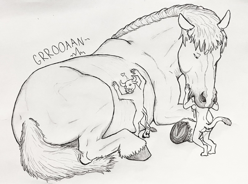 ambiguous_gender anthro bovid bovine cattle equid equine felid female feral groan group heart hgythshs hi_res horse larger_feral lying_on_another macro male mammal size_difference smaller_anthro traditional_media_(artwork) vore willing_pred willing_prey willing_vore