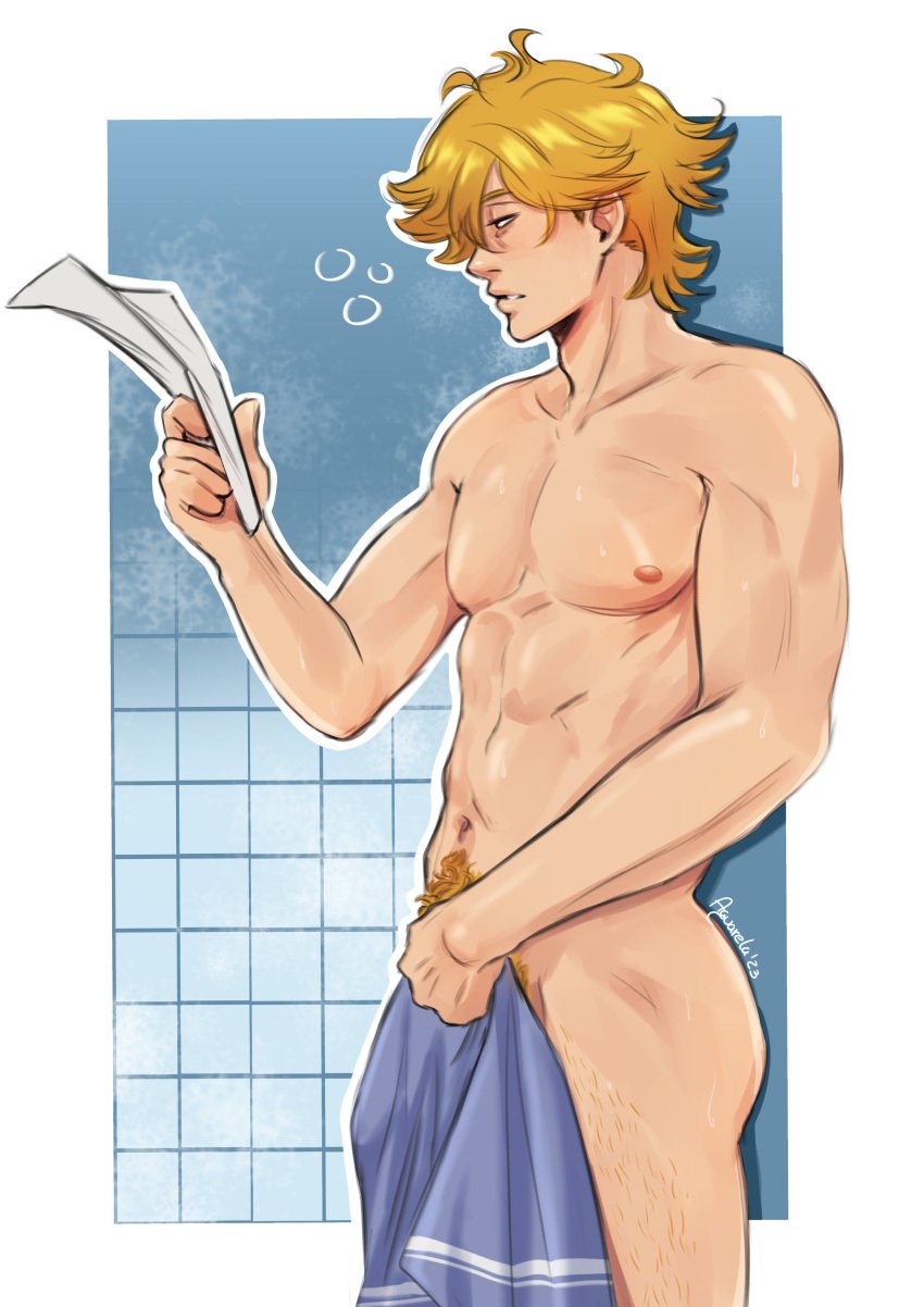 1boy abs aquarela ass blonde_hair buddy_daddies chest kazuki_kurusu male_only nipples pubic_hair solo solo_focus solo_male tagme towel towel_around_waist