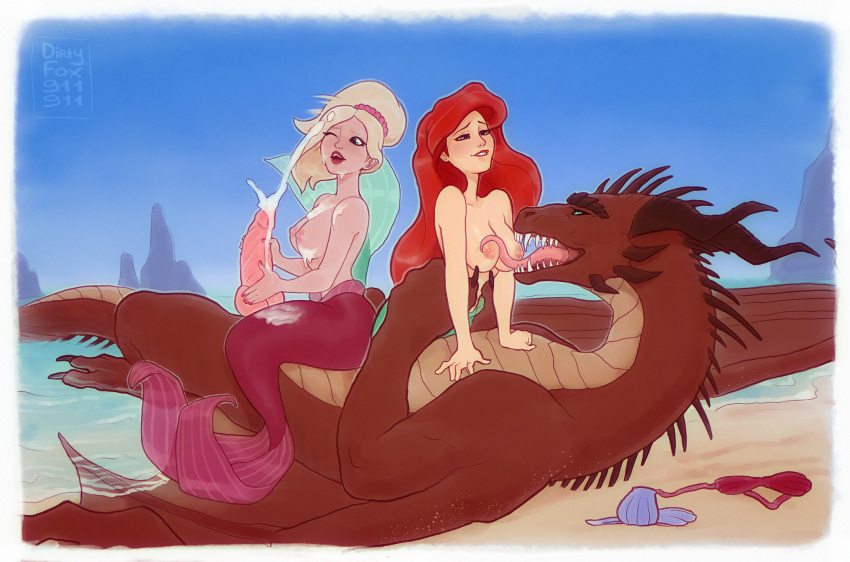 1boy 2girls accessory anthro ariel ariel's_sisters ariel_(the_little_mermaid) arista balls beach bodily_fluids bra breast_lick breast_play breasts closed_eyes clothing cum dirtyfox911911 disney disney_princess dracophilia dragon ejaculation erection female feral genital_fluids genitals group hair_accessory hairband handjob hi_res humanoid humanoid_on_feral jurmond_(allakai) jurmongrandour_(allakai) licking lying male male/female marine merfolk nipple_fetish nipple_lick nipple_play nipples nude on_back open_mouth penile penis sand sea seashell seaside sex shell signature sky split_form straddling the_little_mermaid the_little_mermaid_(1989_film) tongue tongue_out trio underwear water zoophilia