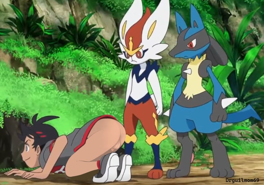 antelope anthro ash_(disambiguation) ass bovid cinderace dik-dik drguilmom69 edit generation_4_pokemon generation_8_pokemon goh_(pokemon) group hi_res lucario male male/male mammal nintendo pokemon pokemon_(species) trio