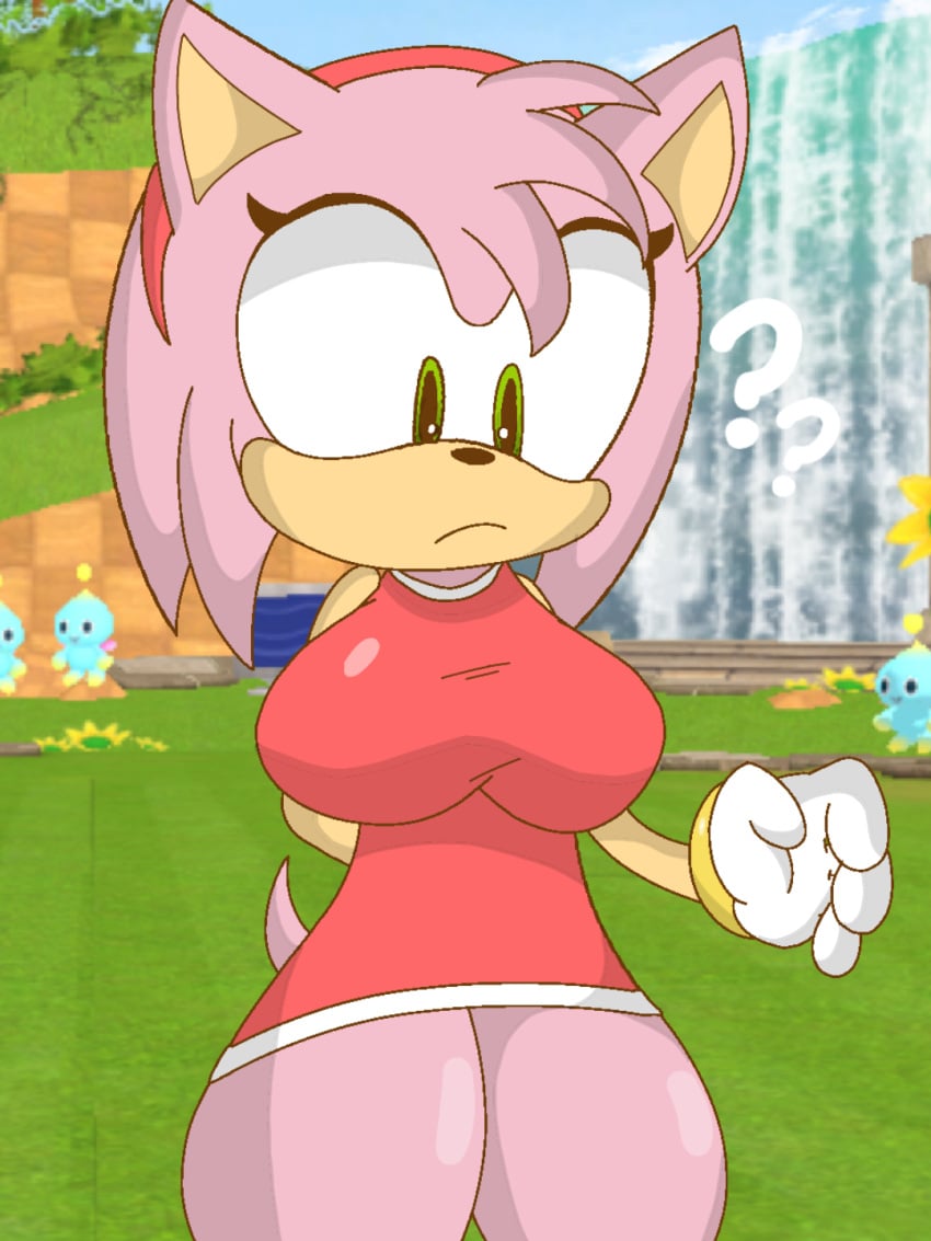 2d 2d_(artwork) aged_up amy_rose big_breasts big_thighs breasts brown_outline chanceslow confused confused_look confusion dress eyelashes gloves green_eyes hi_res high_resolution highres hips looking_down photo_background pink_fur pink_hair pink_tail red_dress red_headband shiny skirt sonic_(series) sonic_the_hedgehog_(series) thick_thighs thighs