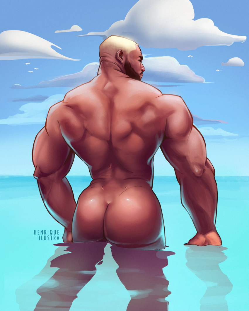 1boy african african_male afro-latino ass back back_muscles back_view bara beard big_ass big_butt blue_sky bubble_ass bubble_butt butt dark-skinned_male dark_skin facial_hair gay_pornstar grande_simões henriqueilustra human human_only in_water latino looking_back male male_focus male_only melanin muscles muscular muscular_back muscular_male naked nude nude_male ocean onlyfans_model outdoors outside pornstar real_person solo solo_focus solo_male standing water