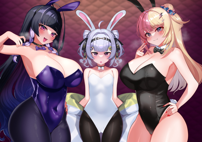 3girls ahoge bare_shoulders big_breasts black_fur blue_eyes blush blush bowtie bowtie_collar breath_cloud bunny_ears bunnysuit cleavage coat coat_open cone_hair_bun detached_collar exposed_shoulders flat_chest gray_hair grey_hair hair_accessory hairclip hand_on_hip headwear karin_(a62826704) kotoka_torahime looking_at_viewer meloco_kyoran nijisanji nijisanji_en pink_eyes pink_hair purple_eyes purple_hair small_breasts steam steamy_breath tied_hair trio trio_female trio_focus twin_braids twin_buns violet_hair virtual_youtuber yellow_hair zaion_lanza