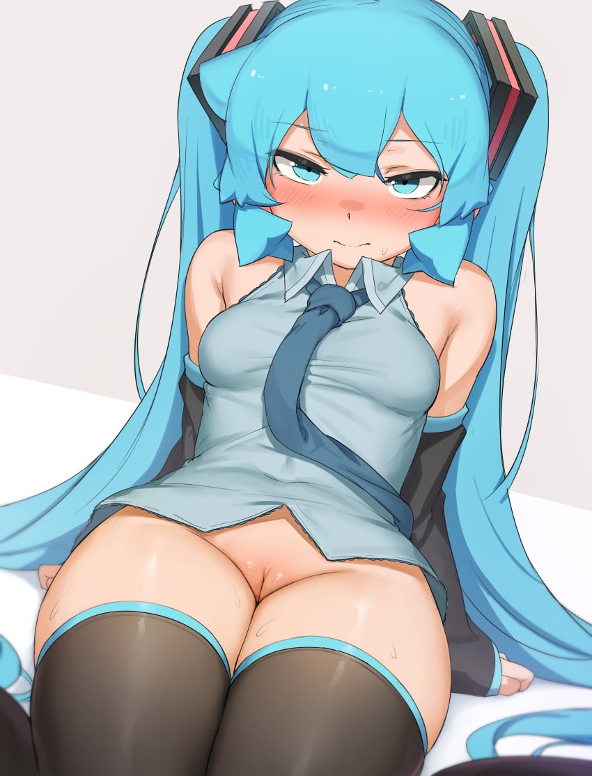 1girls abmayo absurd_res aqua_eyes aqua_hair armwear blush blushing bottomless clothed_female embarrassed eye_contact female female_only hatsune_miku highres legwear light-skinned_female light_skin looking_at_viewer no_panties pussy shiny_skin sitting solo thick_thighs thighhighs twintails vocaloid