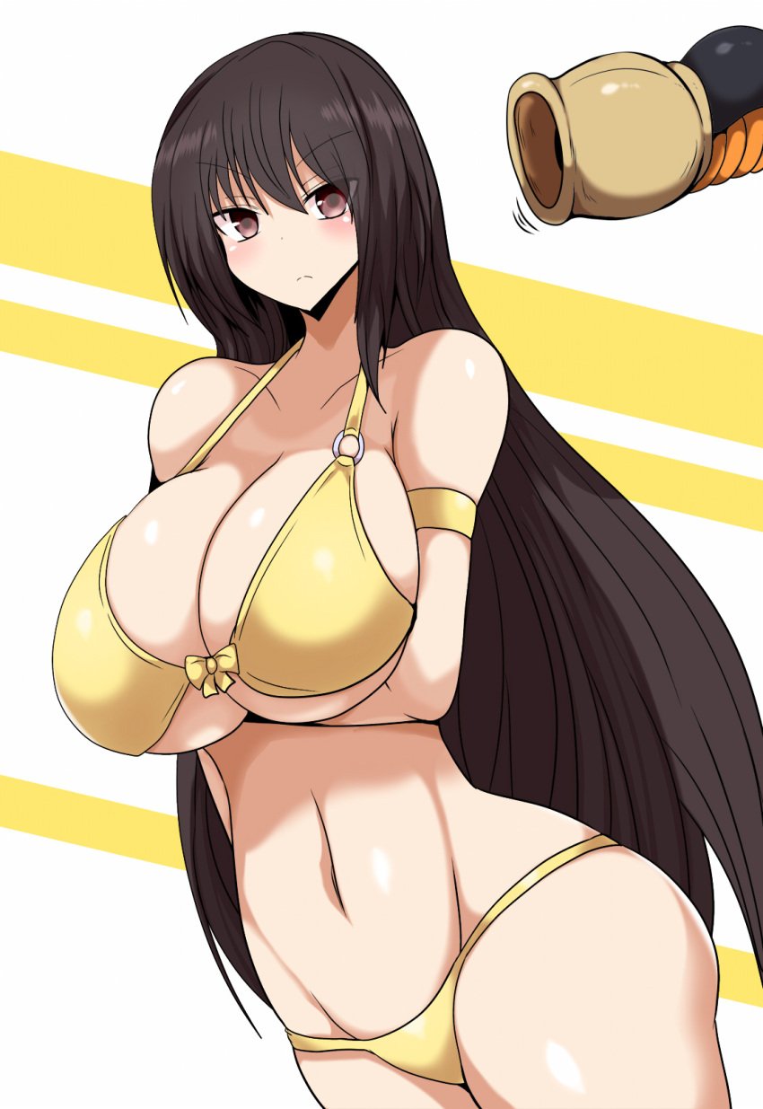 1girls big_breasts bikini female kotegawa_yui large_breasts light-skinned_female light_skin long_hair simple_background swimsuit tagme taku_(yakumodaisuki) takukuroneko thick_thighs to_love-ru to_love-ru_darkness voluptuous yellow_bikini