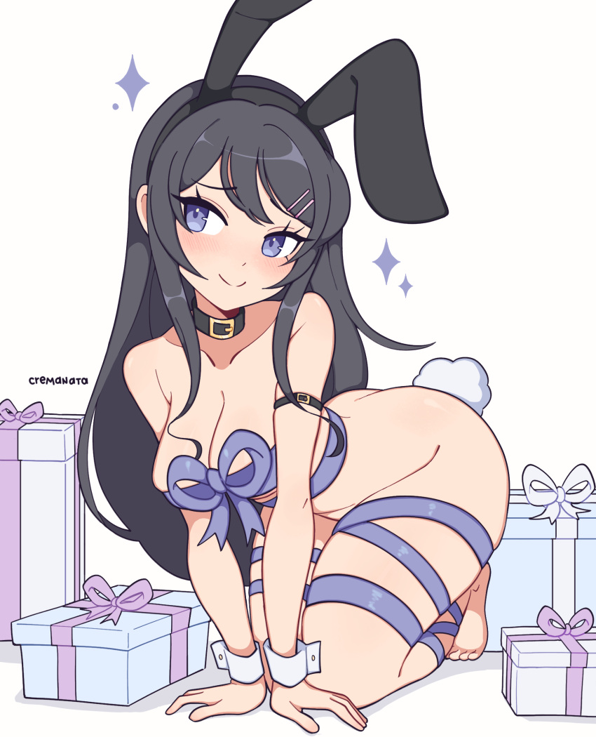 1girls :) bare_shoulders barefoot big_breasts blush breasts bunny_ears bunny_tail chest choker cleavage cremanata cuffs cute eyelashes female female_only grey_hair hairclip highres kneeling legs light-skinned_female long_hair looking_away present_box purple_eyes ribbon ribbon_bondage sakurajima_mai seductive seductive_eyes seductive_look seductive_smile seishun_buta_yarou_wa_bunny_girl_senpai_no_yume_wo_minai smile smug solo thick_thighs thighs tied_up