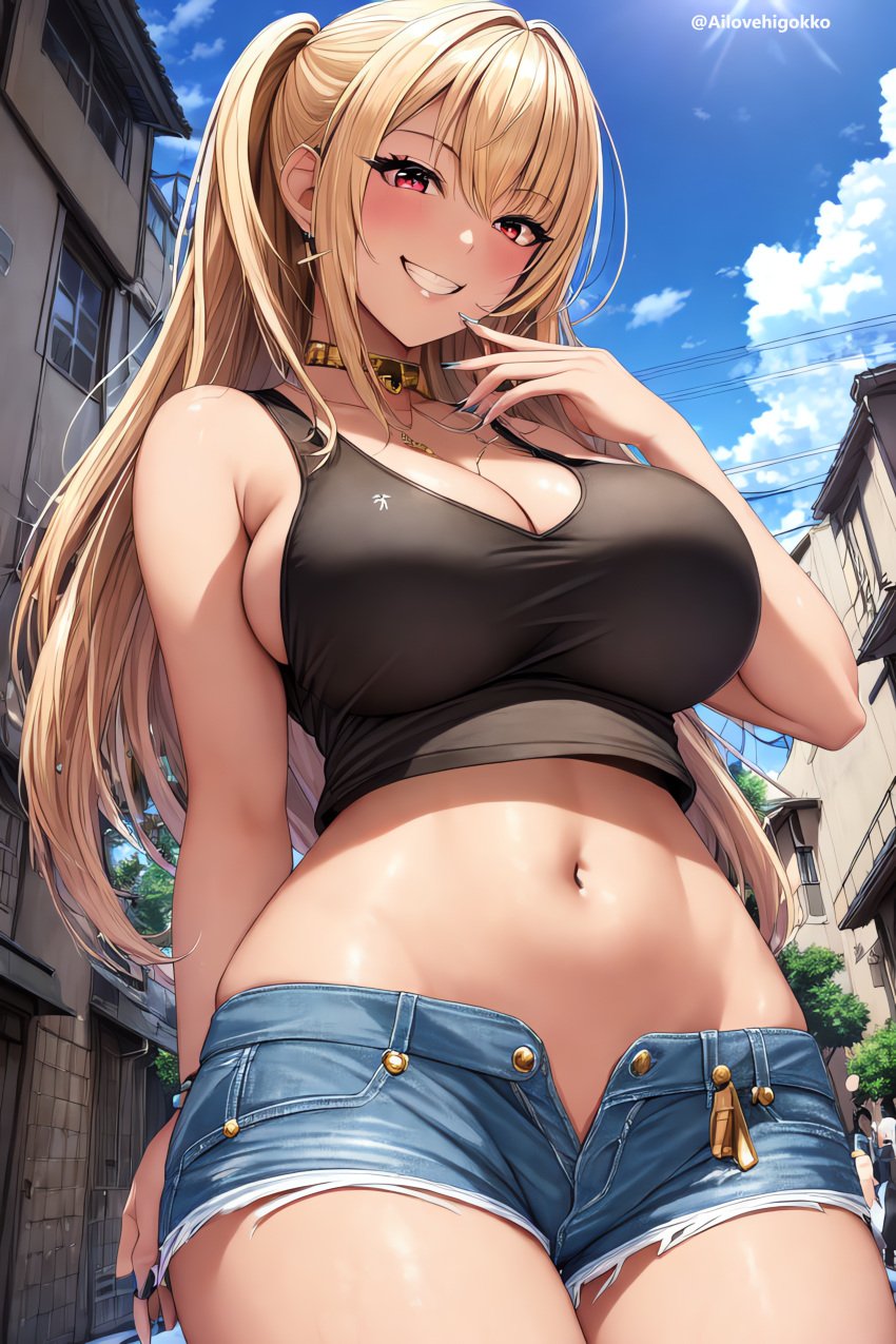 1girls absurd_res ai_generated alternate_eye_color blonde_hair blush booty_shorts breasts city female gold_eyes gyaru holaraai huge_breasts kitagawa_marin light-skinned_female light_skin long_hair looking_at_viewer mommy outdoors short_shorts shorts smile sono_bisque_doll_wa_koi_wo_suru stable_diffusion tank_top