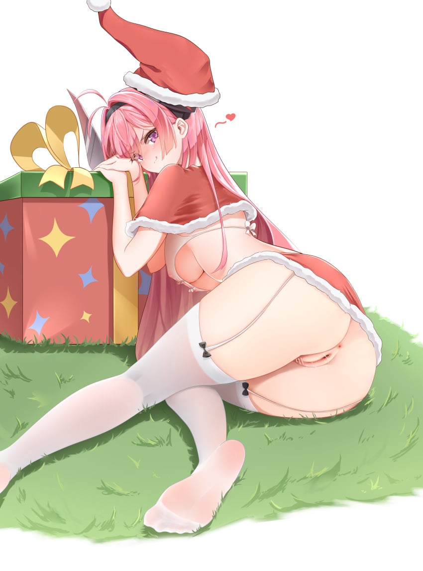 azur_lane censored christmas christmas_outfit feet_visible_through_clothing no_panties pink_hair prinz_rupprecht_(azur_lane) pussy soles_of_feet_in_socks toes_visible_through_clothing white_stockings