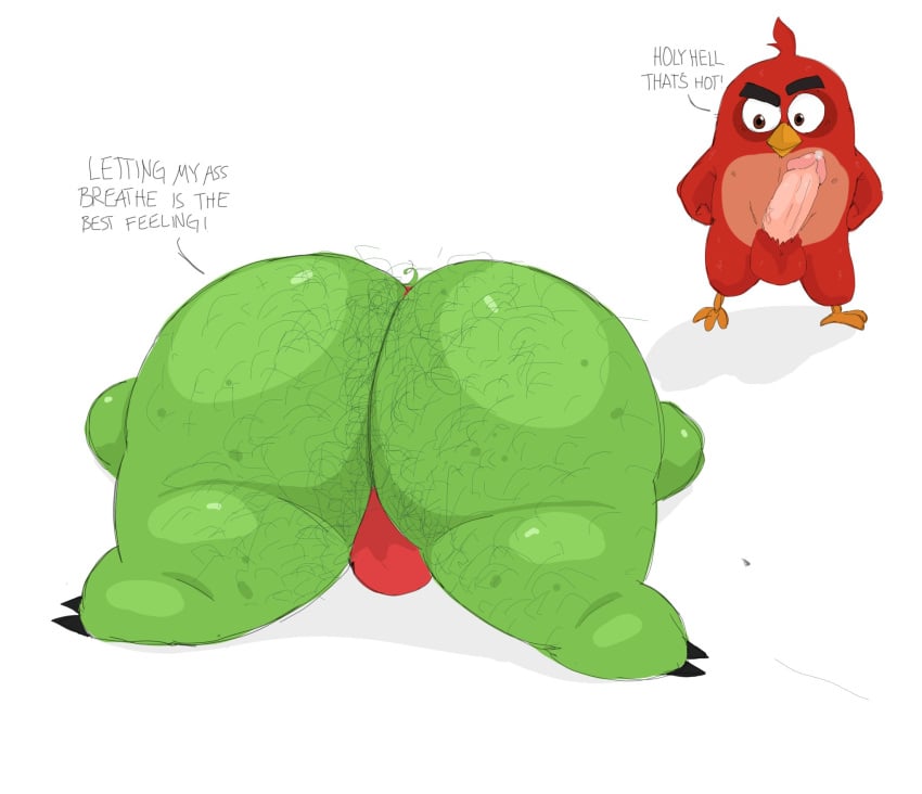 2023 angry_birds animehikaridesu anthro ass avian balls big_butt bulge clothing dialogue domestic_pig duo english_text erection genitals green_body hi_res imminent_yaoi king_leonard male male/male male_only mammal penis pig_(angry_birds) red_(angry_birds) red_body suid suina superchub sus_(pig) text the_angry_birds_movie underwear