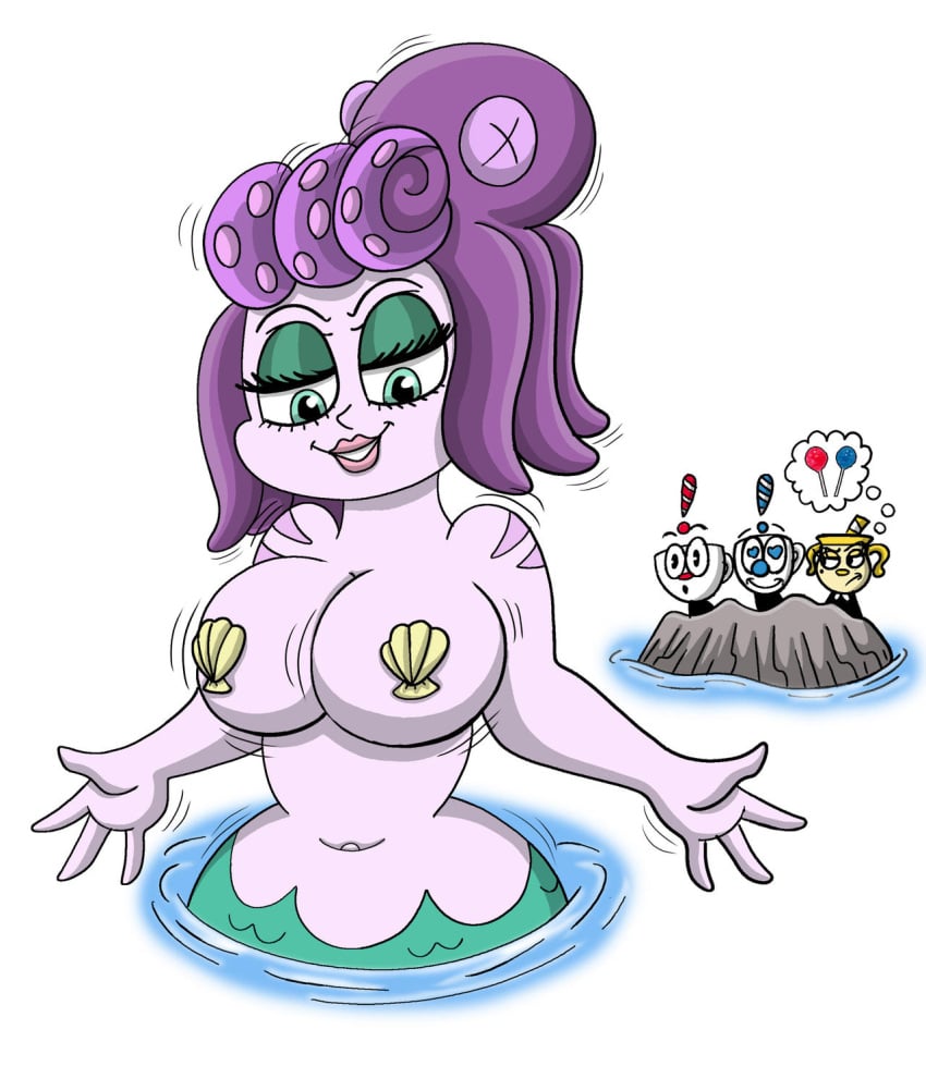 2boys big_breasts cala_maria cuphead cuphead:_the_delicious_last_course cuphead_(game) giantess gorgon grin grinning heart-shaped_pupils light_blue_eyes mermaid ms._chalice mugman