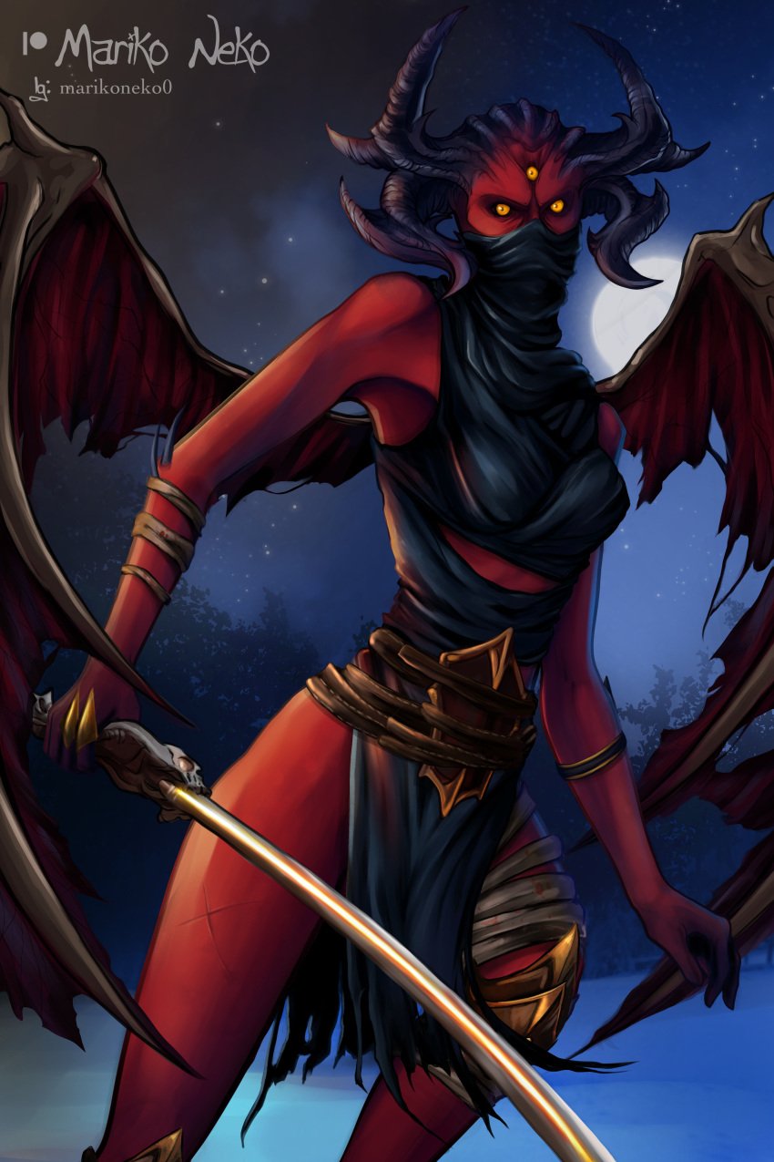 2d 3_eyes demon female hell hellsinger horns marikoneko marikoneko0 metal:_hellsinger multi_eye rags red-skinned_female red_skin slim slim_waist sword unknown_(metal:_hellsinger) wings yellow_eyes