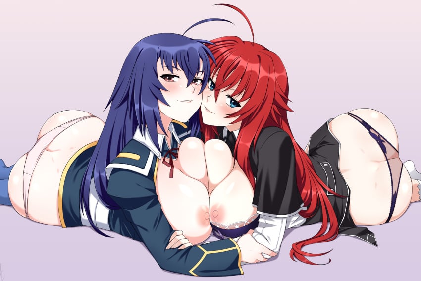 2girls ass_cleavage blue_hair butt_crack crossover edit female_only high_school_dxd kurokami_medaka lindaroze medaka_box mostly_clothed multiple_girls nipples panties rias_gremory yuri