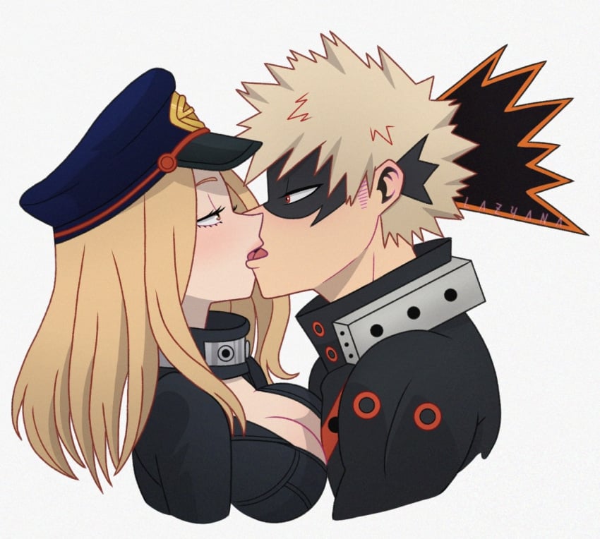 1boy 1boy1girl 1girls 2d black_clothing blonde_female/blonde_male blonde_hair breast_on_chest busty camie_utsushimi cleavage female french_kiss french_kissing hat hero_outfit_(mha) hi_res katsuki_bakugou kissing lazyanart making_out male male/female mask my_hero_academia skin_tight spiky_hair straight tight_clothing tongue_kiss