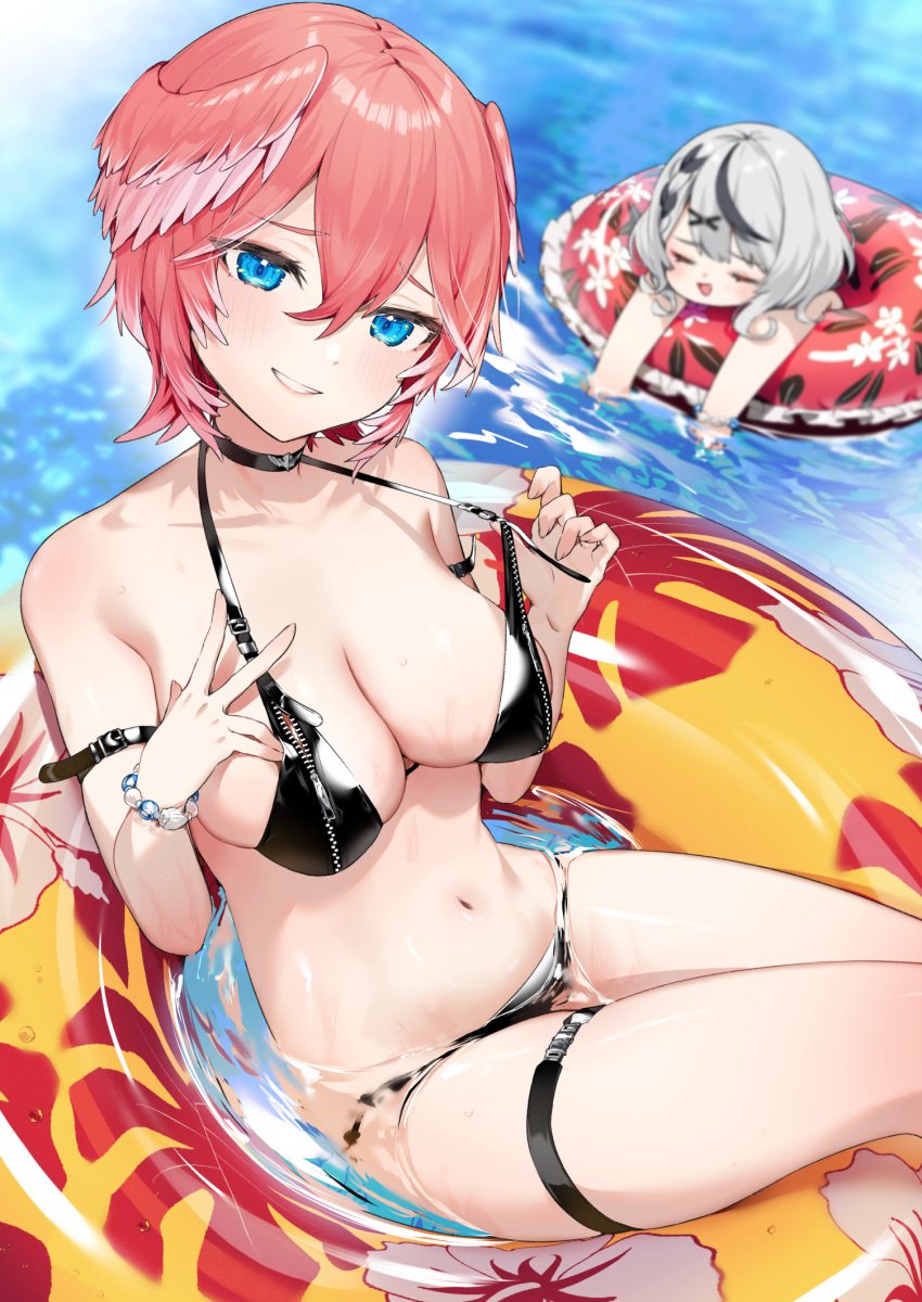 2girls :d arm_strap bangs bikini black_bikini black_hair blue_eyes blush bracelet breast_zipper breasts cleavage closed_eyes grey_hair hair_between_eyes hair_ornament head_wings highres hololive hololive_japan holox innertube itohana jewelry large_breasts light_blush looking_at_viewer multiple_girls navel parted_lips pink_hair sakamata_chloe short_hair smile stomach swimsuit takane_lui thigh_strap virtual_youtuber water x_hair_ornament