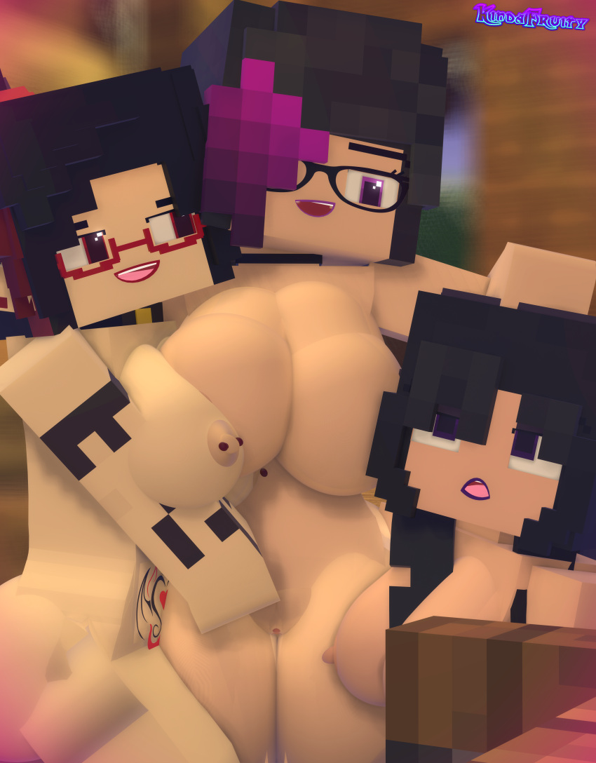 3d 3girls ashley_succubi black_hair breasts collar erect_nipples extrafruitygirl female_only fruity_(extrafruitygirl) glasses human humanoid looking_at_partner mine-imator minecraft multicolored_hair nude_female olivia_(olivialewdz) open_mouth pierced_nipples purple_eyes red_eyes smile succubus tagme tattoo_on_belly tattooed_arm yuri