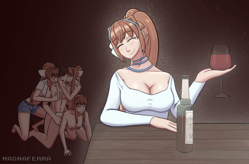 1boy brown_hair clothed doki_doki_literature_club green_eyes happy magna_ferra monika_(doki_doki_literature_club) multiple_girls nude partially_clothed smiling wine wine_glass