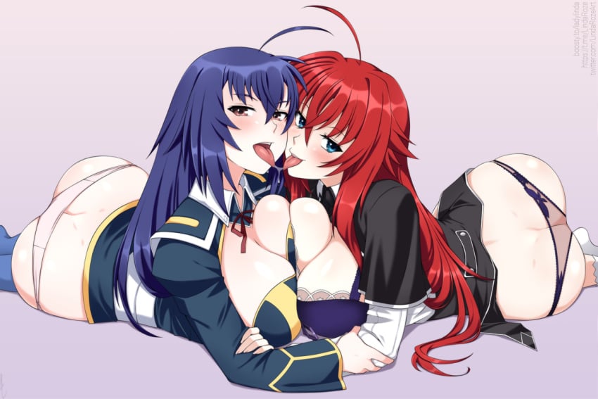 2girls 3:2 ass ass_cleavage big_ass big_breasts blue_eyes blue_hair breasts brown_eyes butt_crack cleavage crossover fully_clothed high_school_dxd huge_breasts kissing kurokami_medaka large_breasts lindaroze medaka_box multiple_girls panties red_hair rias_gremory saliva saliva_string saliva_trail tongue tongue_out yuri