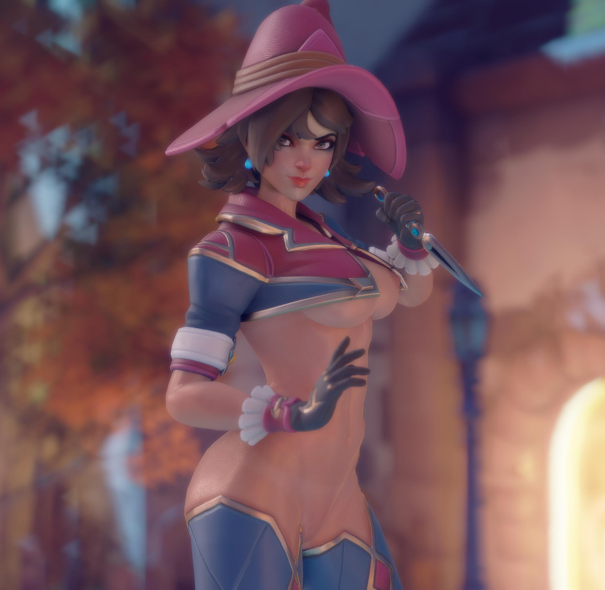 1girls 3d areolae armwear asian asian_female athletic athletic_female big_breasts blender blizzard_entertainment breasts breasts_out brown_hair casual clothed clothing ear_piercing earrings female female_focus female_only gloves half-dressed half_naked handwear hat human kiriko_(overwatch) kiriko_kamori legwear light-skinned_female light_skin looking_at_viewer nipples no_bra outdoors outside overwatch overwatch_2 pale_skin pose posing presenting pussy pussy_lips rwt4184 solo solo_female solo_focus thick_thighs vagina weapon witch witch_hat witch_kiriko