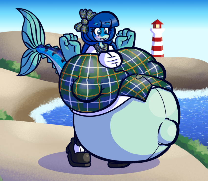 anthro bangs big_belly big_breasts blue_body blue_eyes blue_hair bottomwear bow_ribbon breasts bulging_breasts clothing dress erect_nipples female fin fish fish_tail footwear hair huge_breasts hyper hyper_breasts hyper_pregnancy lighthouse mackenzie_(sprucy) mackerel_(fish) marine navel nipple_outline nipples non-mammal_breasts outie_navel pattern_clothing pattern_topwear plaid plaid_clothing plaid_topwear ponytail pregnant scarf scombrid scombriform sea shoes skirt solo sprucy tartan_bottomwear topwear vest water