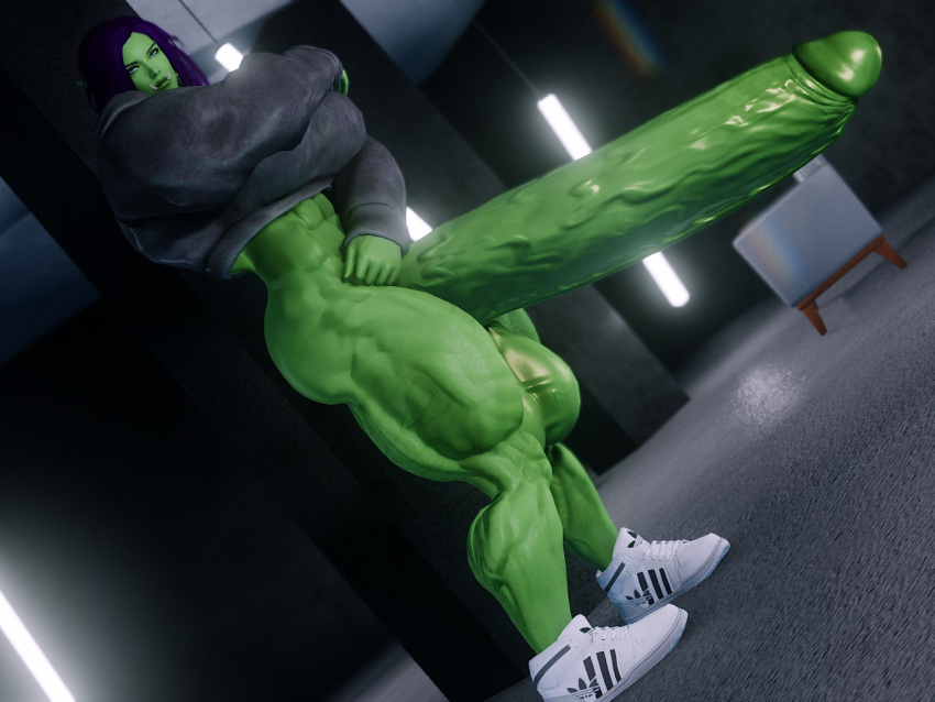 3d blue_eyes dickgirl futanari green_skin huge_balls huge_breasts huge_cock hyper_penis muscles muscular muscular_futanari orc orc_futanari purple_hair seline selinemukgrom