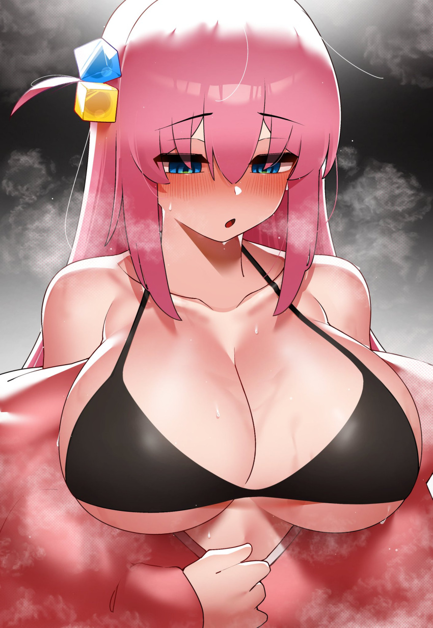 bikini black_bikini blue_eyes blush blushing bocchi_the_rock! cyan_eyes exposed_breasts gotou_hitori hair_ornament honeylm27k large_breasts light_blue_eyes looking_down opening_jacket pink_hair steam steaming_body steamy_breath sweat sweatdrop