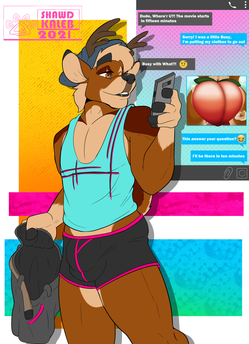 absurd_res anthler_(shawd) anthro big_bulge bulge cellphone deer hi_res male mammal muscular muscular_male phone shawd solo