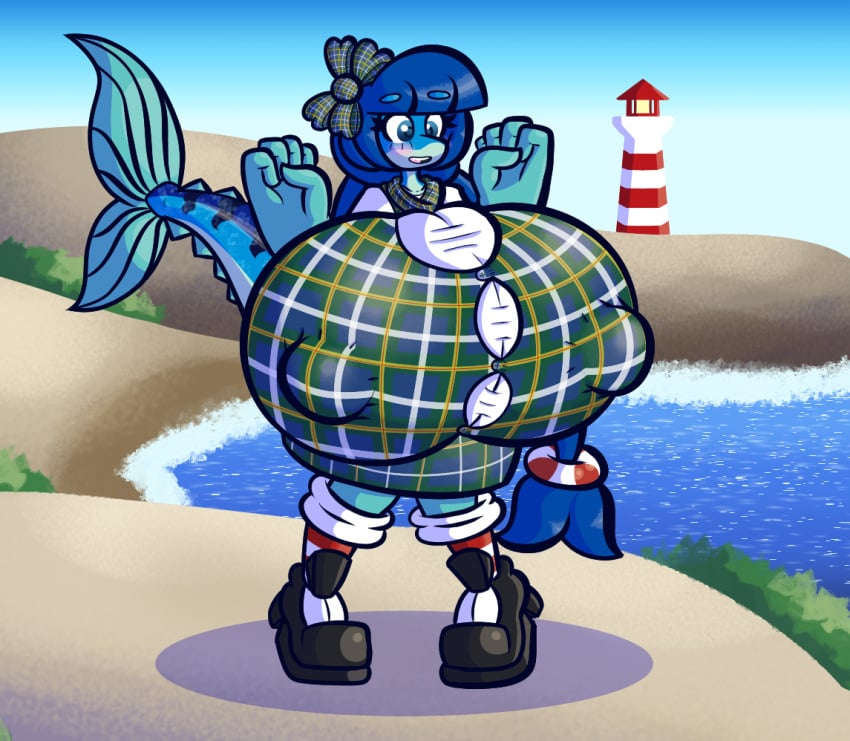 anthro bangs big_breasts blue_body blue_eyes blue_hair bottomwear bow_ribbon breasts bulging_breasts clothing dress erect_nipples female fin fish fish_tail footwear hair huge_breasts hyper hyper_breasts lighthouse mackenzie_(sprucy) mackerel_(fish) marine nipple_outline nipples non-mammal_breasts pattern_clothing pattern_topwear plaid plaid_clothing plaid_topwear ponytail scarf scombrid scombriform sea shoes skirt solo sprucy tartan_bottomwear topwear vest water