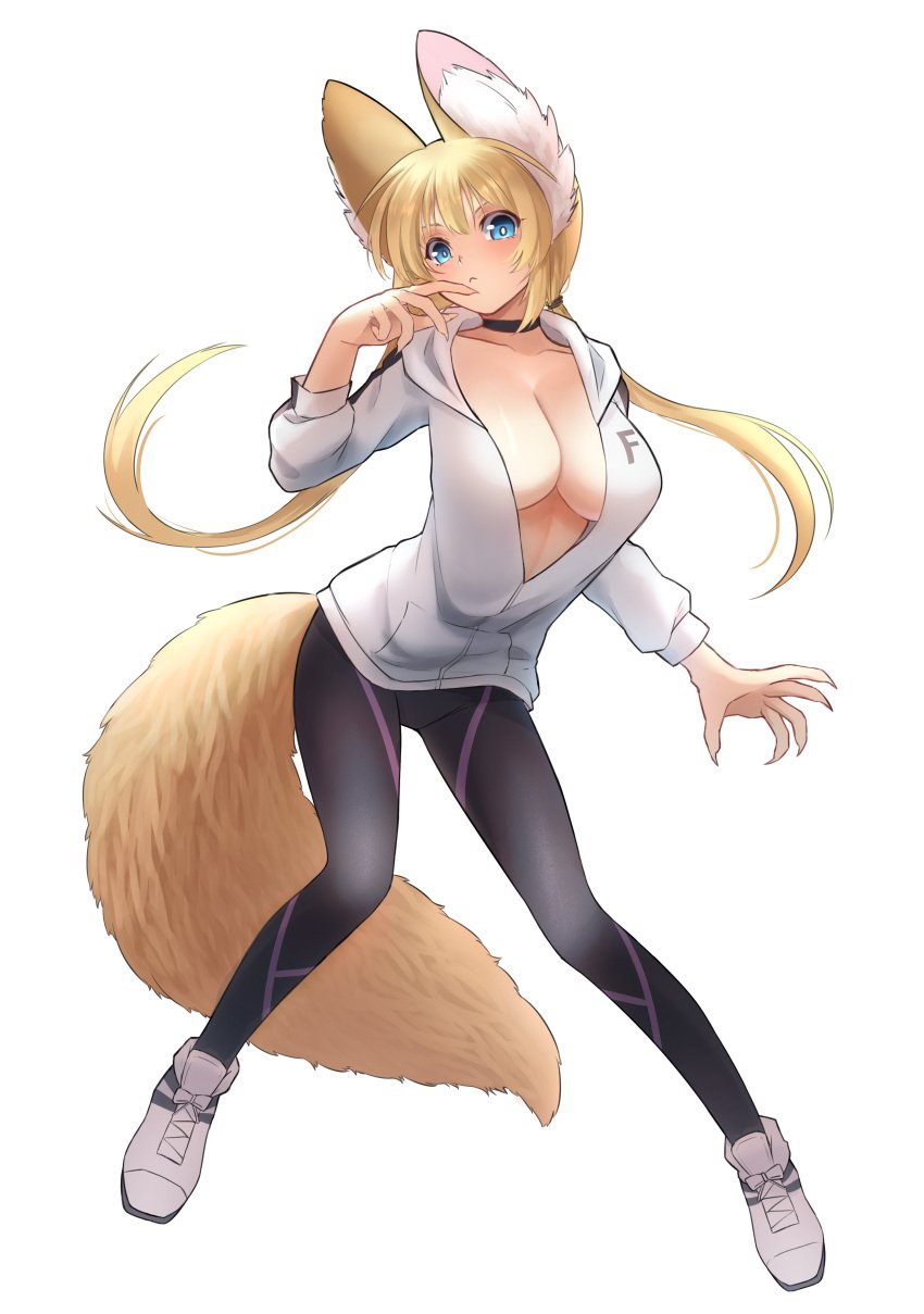 1girls blonde_hair female female_only fox fox_ears fox_girl fox_humanoid fox_tail henthaisan kemono_jihen kemonomimi kon_(kemono_jihen) legwear light-skinned_female light_skin snickers solo unzipped unzipped_bodysuit unzipped_jacket white_jacket