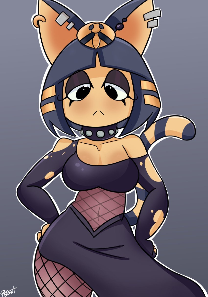 :< animal_crossing animal_crossing_new_horizons ankha ankha_(animal_crossing) anthro breasts clothed clothing felid feline felis female fur furry furry_only goth goth_ankha goth_girl nintendo r_bismut rbismut ripped_clothing solo tail