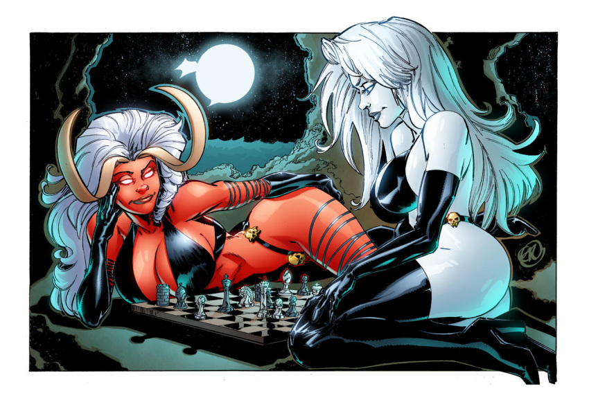 2022 2d 2girls big_breasts breasts chaos_comics chess coffin_comics death_(personification) female grim_reaper hernan_cabrera hi_res high_heel_boots high_heels lady_death lady_demon long_hair moon queen_of_the_dead red-skinned_female red_skin voluptuous voluptuous_female white_body white_hair