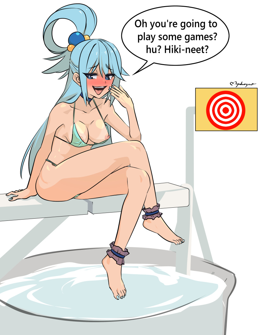 1girls aqua_(konosuba) bikini blue_eyes blue_hair blue_nails blush breasts choker cleavage drunk dunk_tank hair_ornament kono_subarashii_sekai_ni_shukufuku_wo! large_breasts long_hair looking_at_viewer myahogao nail_polish nipple_slip nipples open_mouth painted_nails smile smug solo swimsuit tan tan_skin thick_thighs thighs