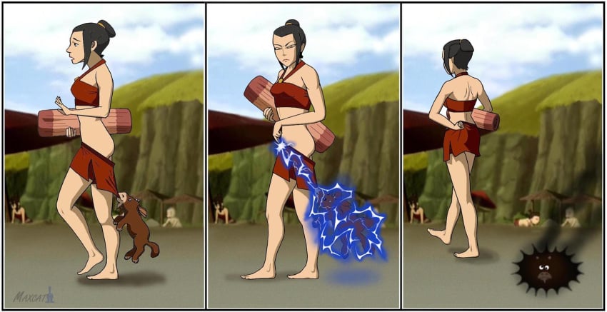 1boy 1girls animal ass avatar_the_last_airbender azula beach bikini bikini_pull comic coppertone coppertone_(sunscreen) electric_shock electricity female funny maxcat(artist) small_breasts swimsuit