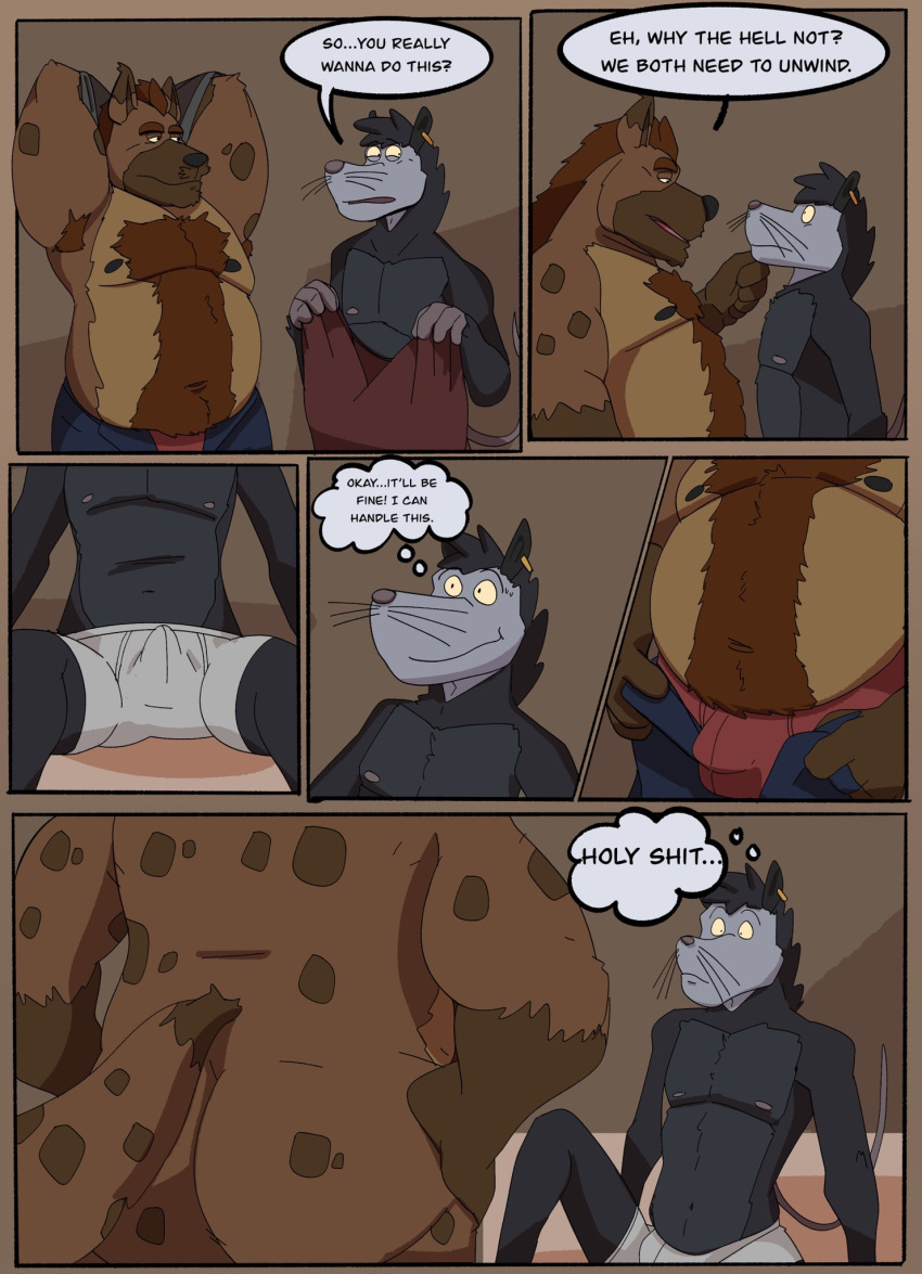 2023 anthro ass belly big_belly bulge clothed clothing comic crew_(dippubear) didelphid dippubear duo ear_piercing ear_ring english_text erection erection_under_clothing hi_res humanoid_hands hyena male male/male mammal marsupial moobs nipples overweight overweight_male parker_pierce piercing ring_piercing sitting text underwear undressing