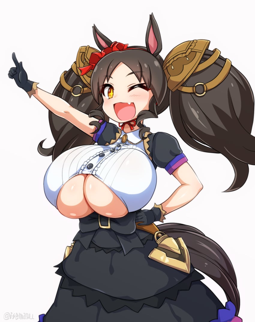 +_+ ;d animal_ears arm_up bangs big_hair black_bow black_gloves black_hair black_jacket black_skirt bow breasts brooch buckle bursting_breasts buttons center_frills clothing_cutout collared_shirt cowboy_shot crop_top drill_locks fang female flower frilled_shirt frilled_skirt frills gigantic_breasts gloves hair_flower hair_ornament hairband hand_on_hip happy high-waist_skirt highres horse_ears horse_girl horse_tail isemagu jacket jewelry layered_skirt light_blush looking_at_viewer marvelous_sunday_(umamusume) no_bra o-ring one_eye_closed open_mouth orange_eyes parted_bangs pointing pointing_up puffy_short_sleeves puffy_sleeves red_flower red_hairband red_ribbon ribbon saddle shiny_skin shirt short_sleeves shortstack shrug_(clothing) simple_background skirt smile solo standing symbol-shaped_pupils tail twintails twitter_username umamusume underboob underboob_cutout voluptuous white_background white_shirt